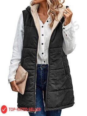 Women Long Puffer Vest Reversible Fleece Zip Up Hooded Sleeveless Coat
